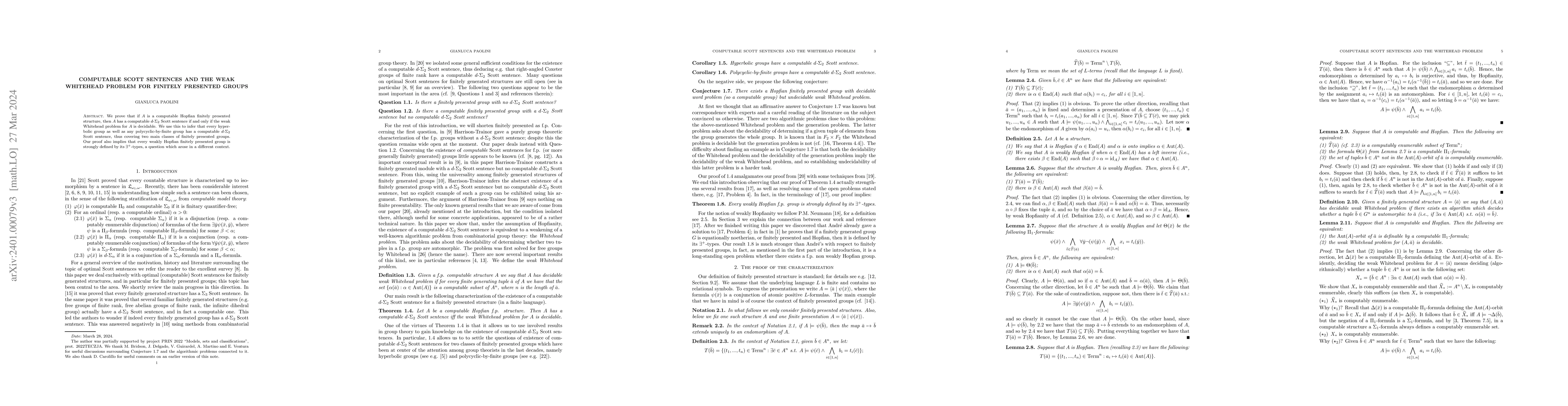 Thumbnail for Computable Scott sentences and the weak Whitehead problem for finitely
  presented groups