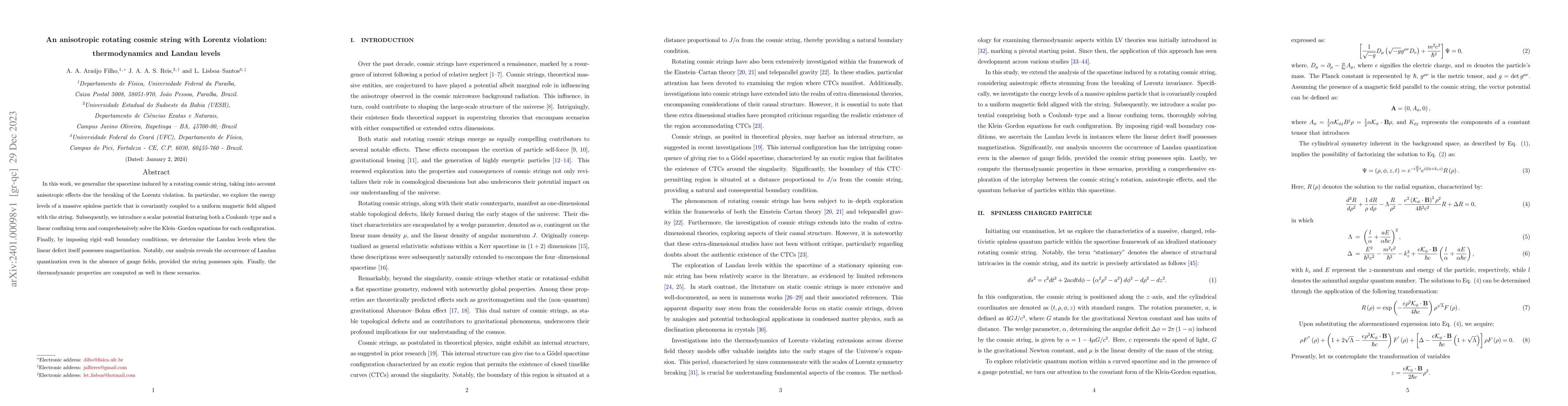 Thumbnail for An anisotropic rotating cosmic string with Lorentz violation:
  thermodynamics and Landau levels
