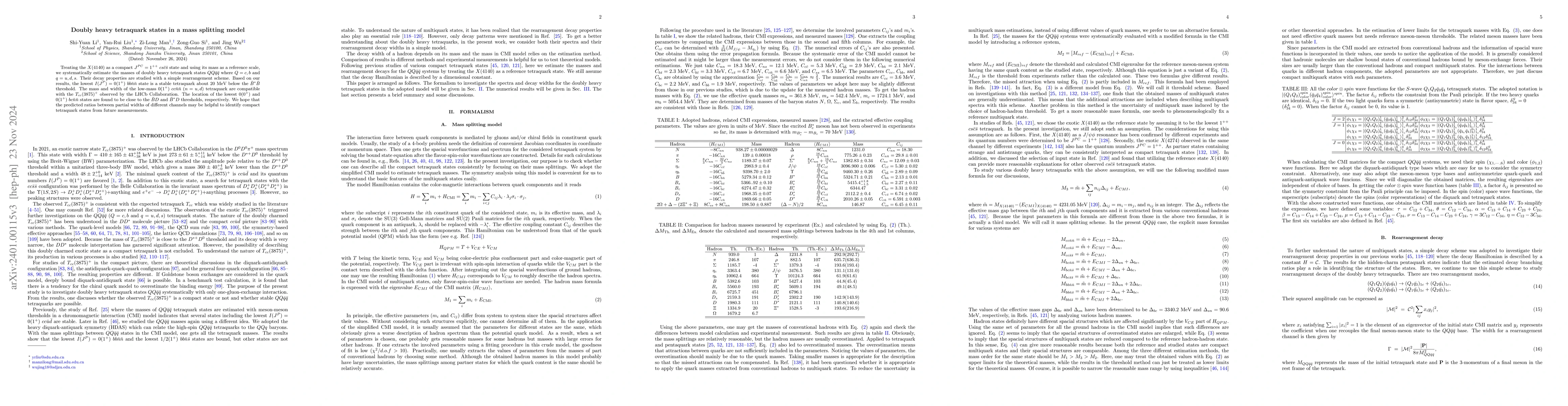 Thumbnail for Doubly heavy tetraquark states in a mass splitting model