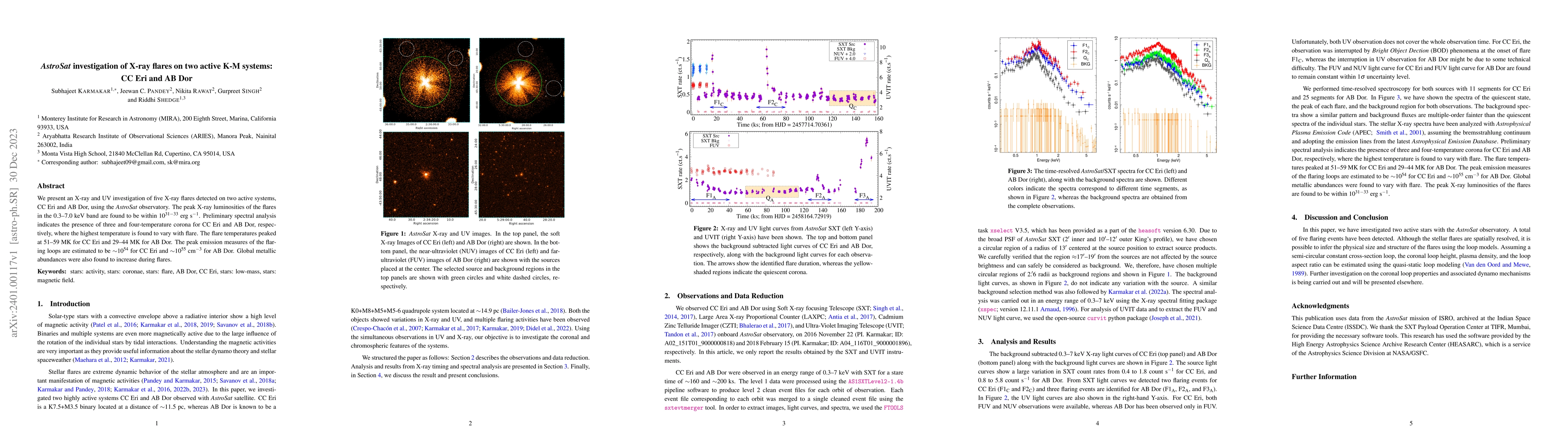 Thumbnail for AstroSat investigation of X-ray flares on two active K-M systems: CC Eri
  and AB Dor