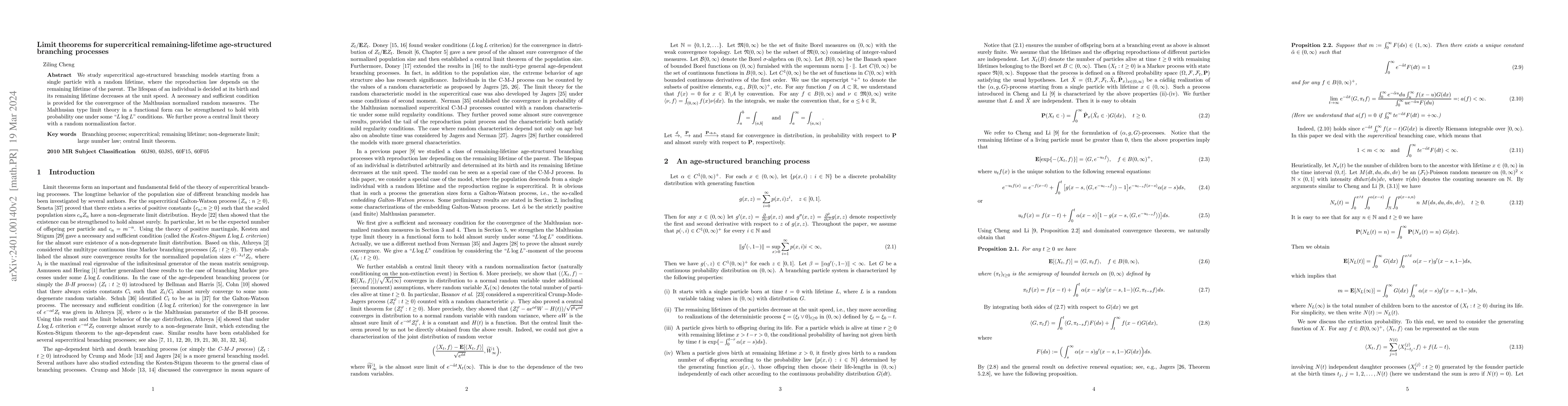 Thumbnail for Limit theorems for supercritical remaining-lifetime age-structured
  branching processes