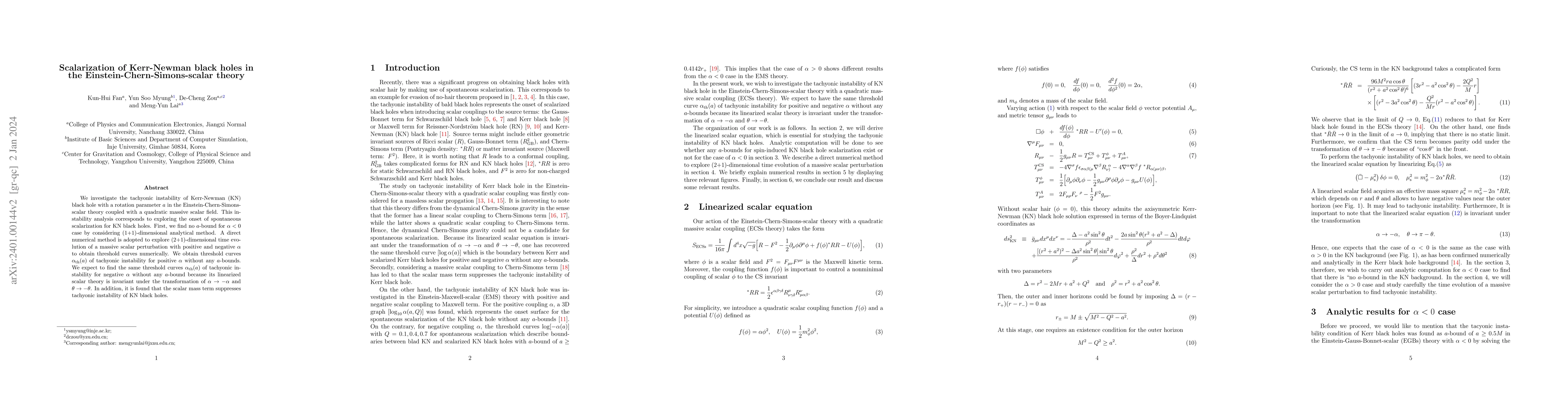 Thumbnail for Scalarization of Kerr-Newman black holes in the
  Einstein-Chern-Simons-scalar theory