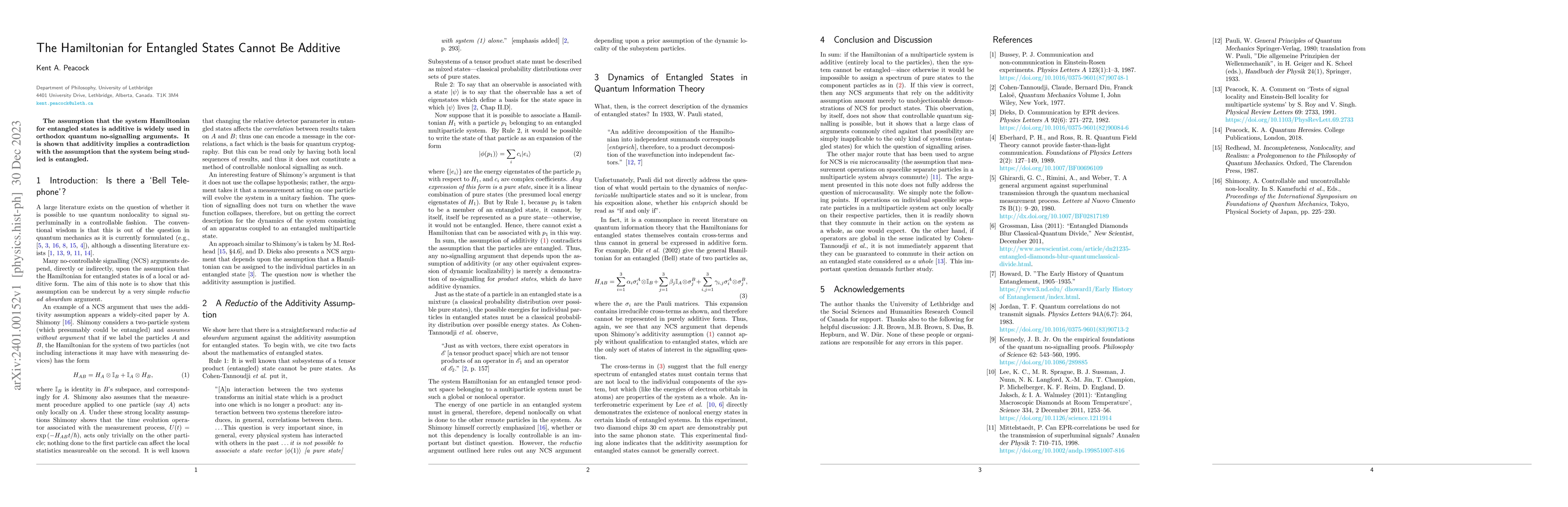 Thumbnail for The Hamiltonian for Entangled States Cannot Be Additive