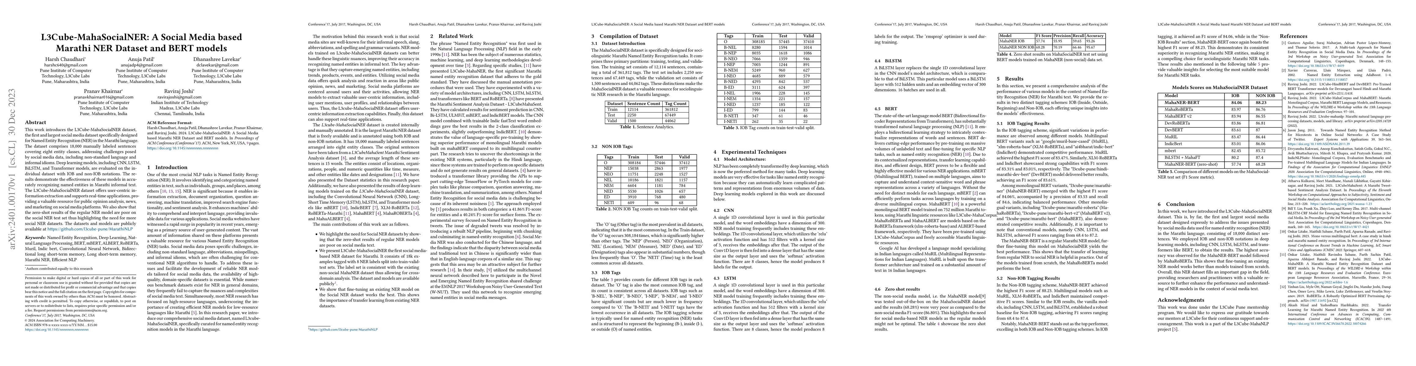 Thumbnail for L3Cube-MahaSocialNER: A Social Media based Marathi NER Dataset and BERT
  models