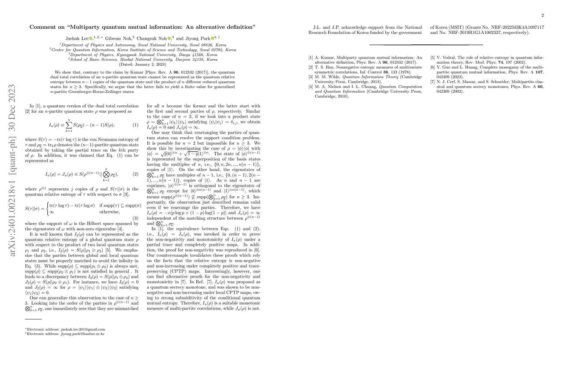 Thumbnail for Comment on "Multiparty quantum mutual information: An alternative
  definition"