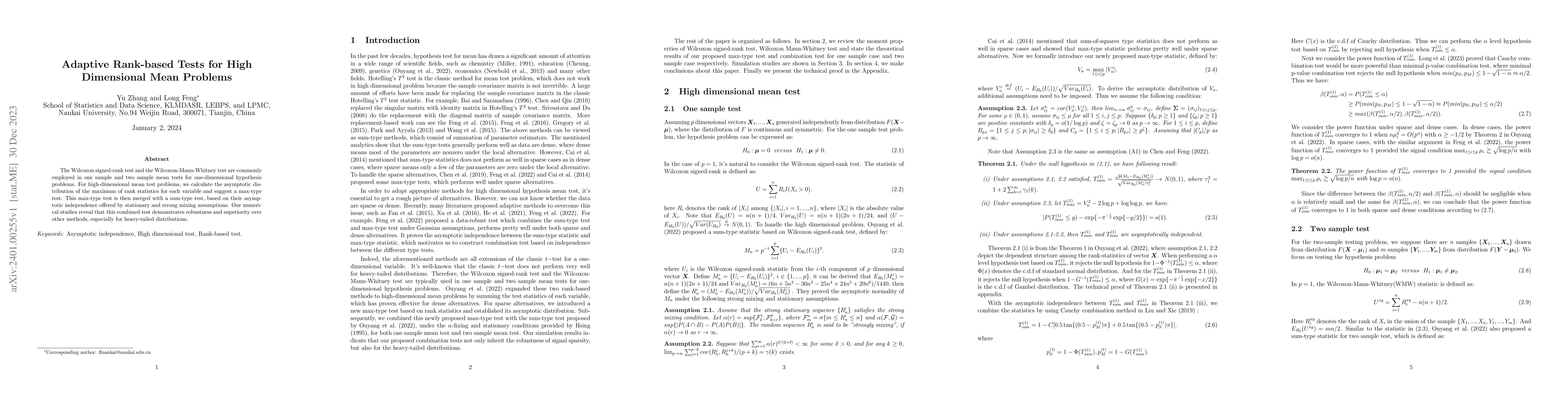 Thumbnail for Adaptive Rank-based Tests for High Dimensional Mean Problems