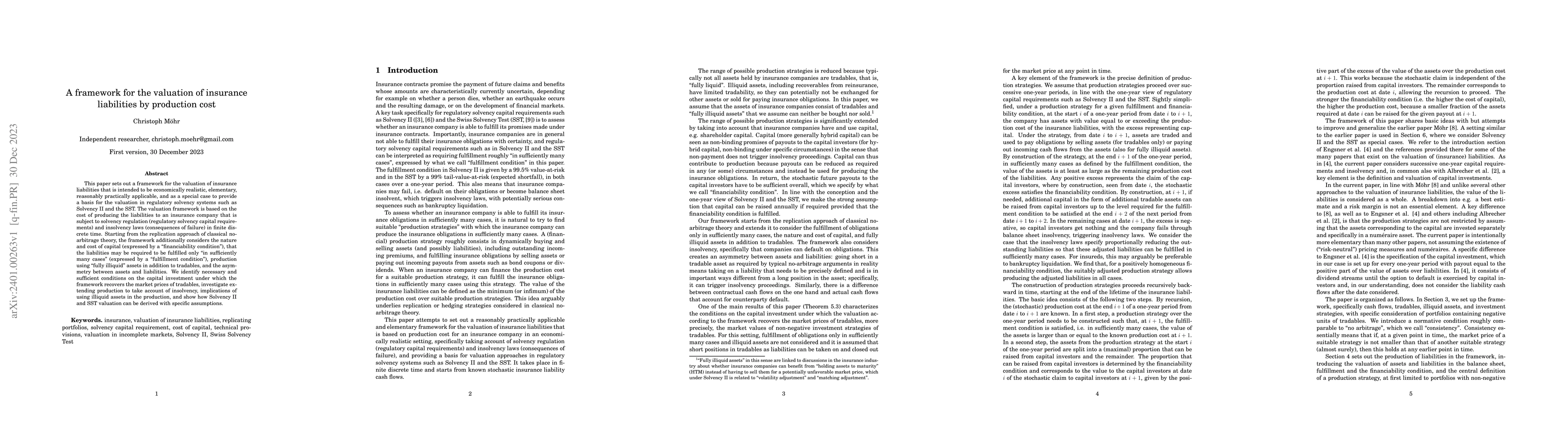 Thumbnail for A framework for the valuation of insurance liabilities by production
  cost
