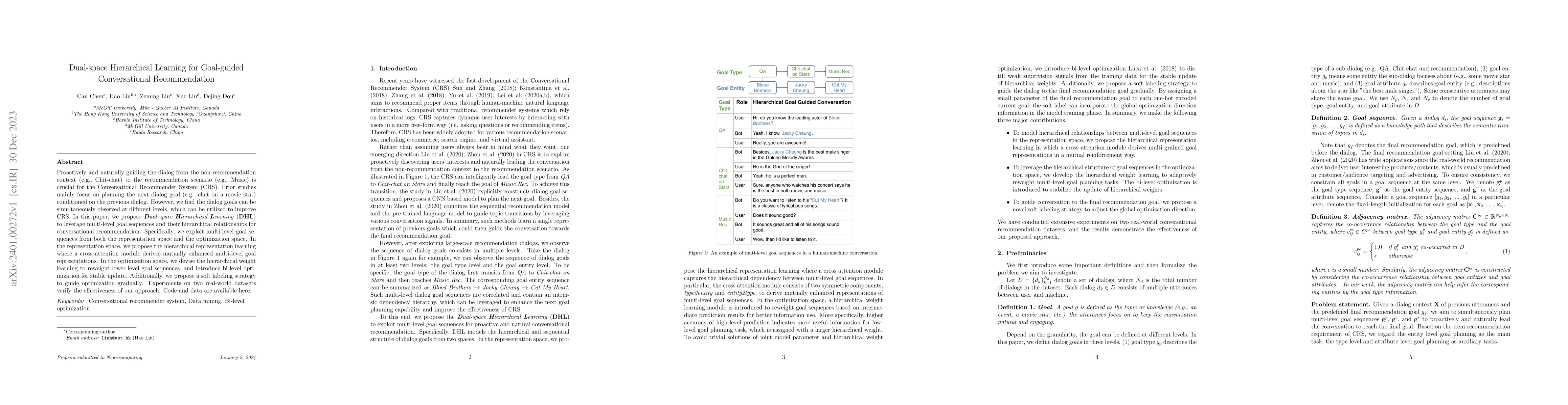 Thumbnail for Dual-space Hierarchical Learning for Goal-guided Conversational
  Recommendation