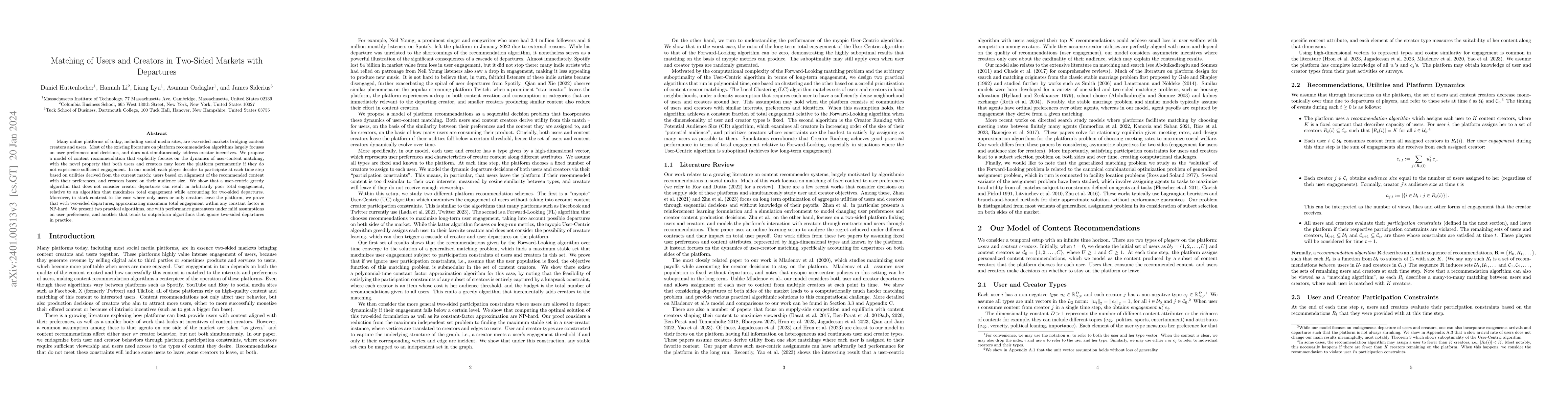 Thumbnail for Matching of Users and Creators in Two-Sided Markets with Departures