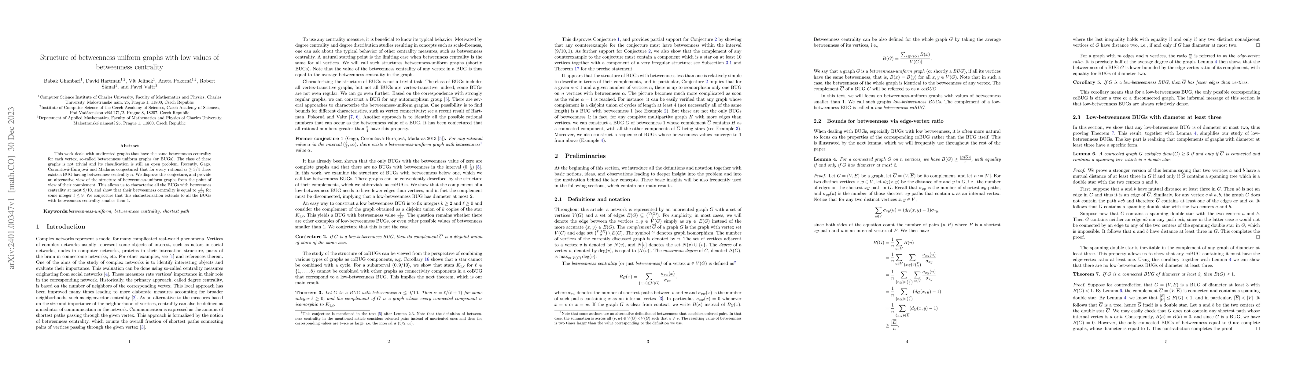 Thumbnail for Structure of betweenness uniform graphs with low values of betweenness
  centrality