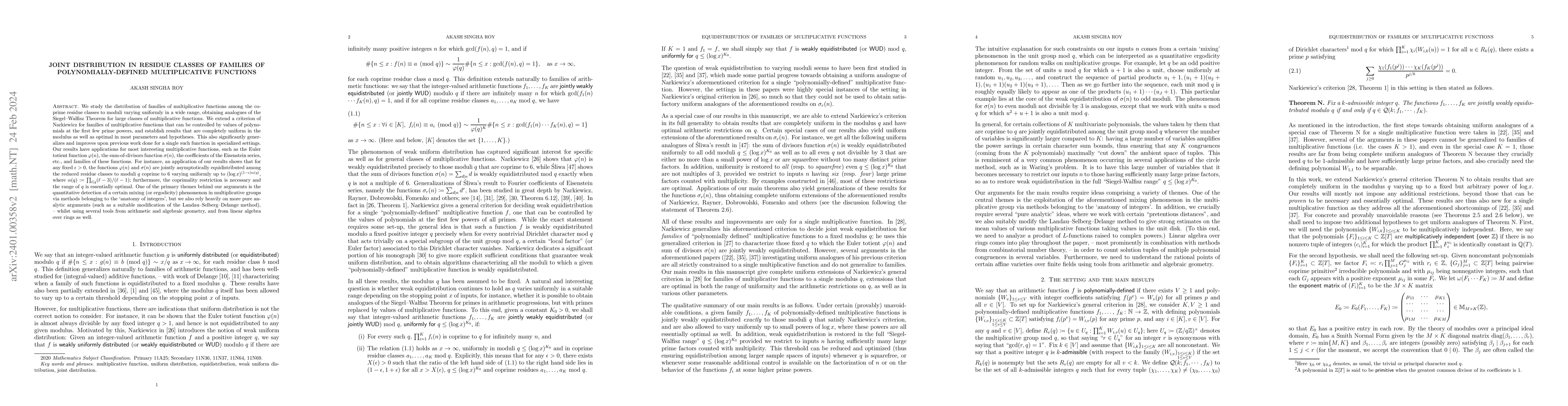 Thumbnail for Joint distribution in residue classes of families of
  polynomially-defined multiplicative functions