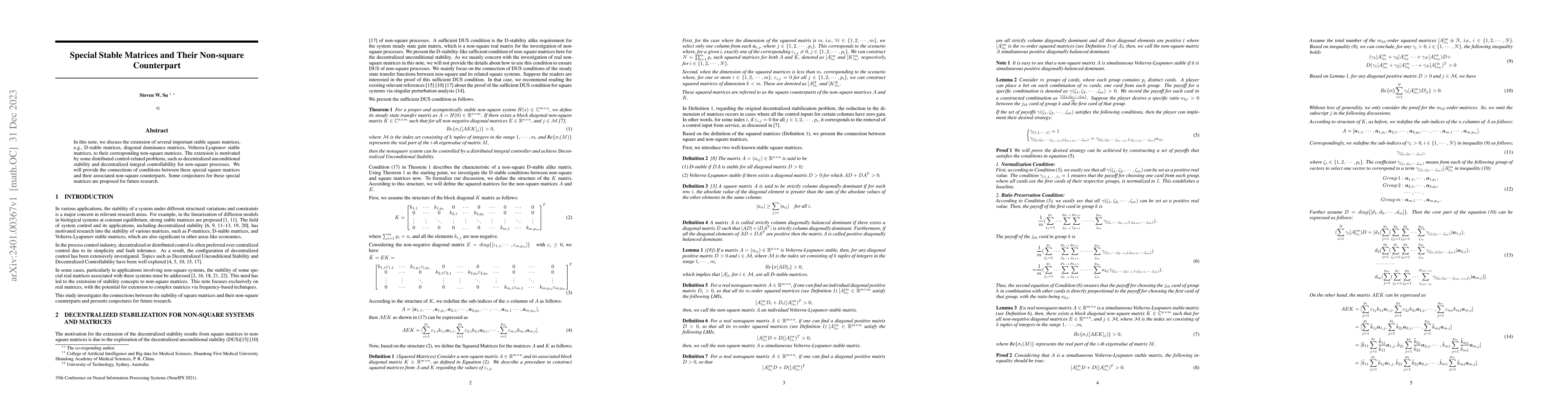 Thumbnail for Special Stable Matrices and Their Non-square Counterpart