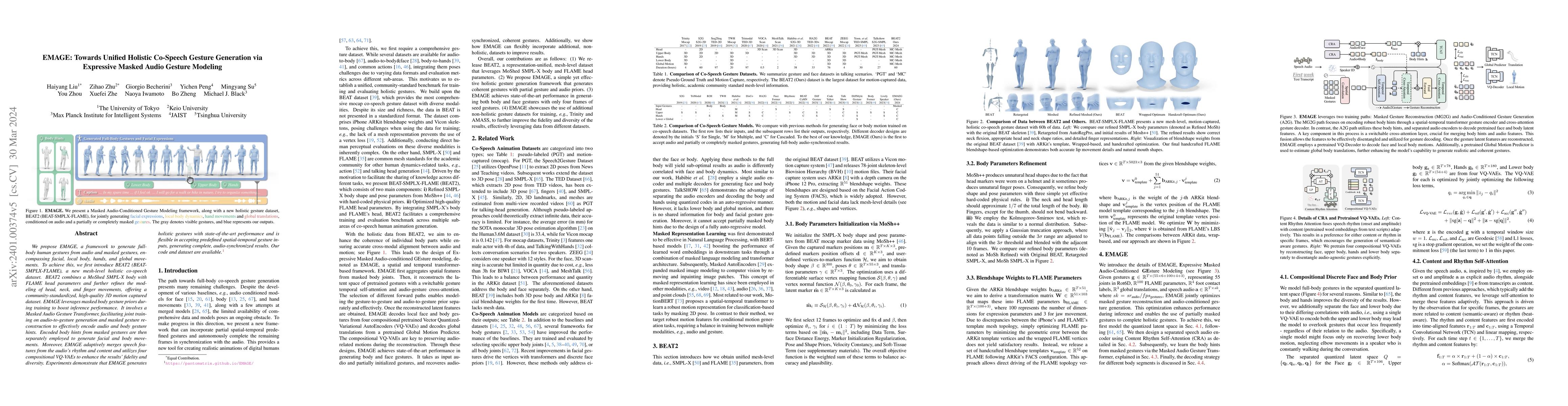 Thumbnail for EMAGE: Towards Unified Holistic Co-Speech Gesture Generation via
  Expressive Masked Audio Gesture Modeling