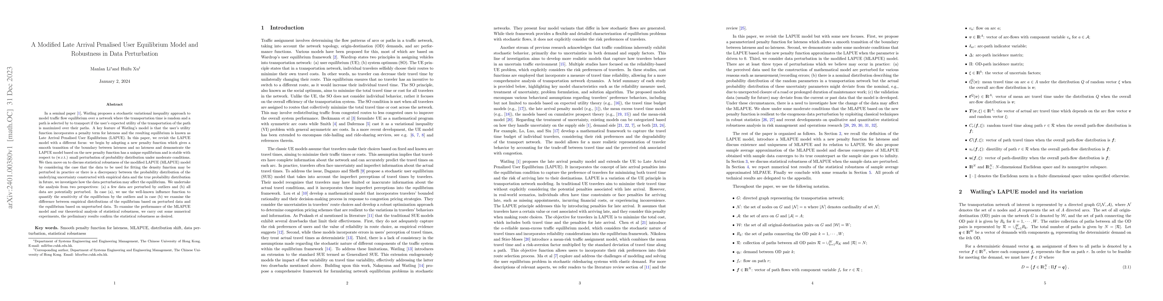 Thumbnail for A Modified Late Arrival Penalised User Equilibrium Model and Robustness
  in Data Perturbation