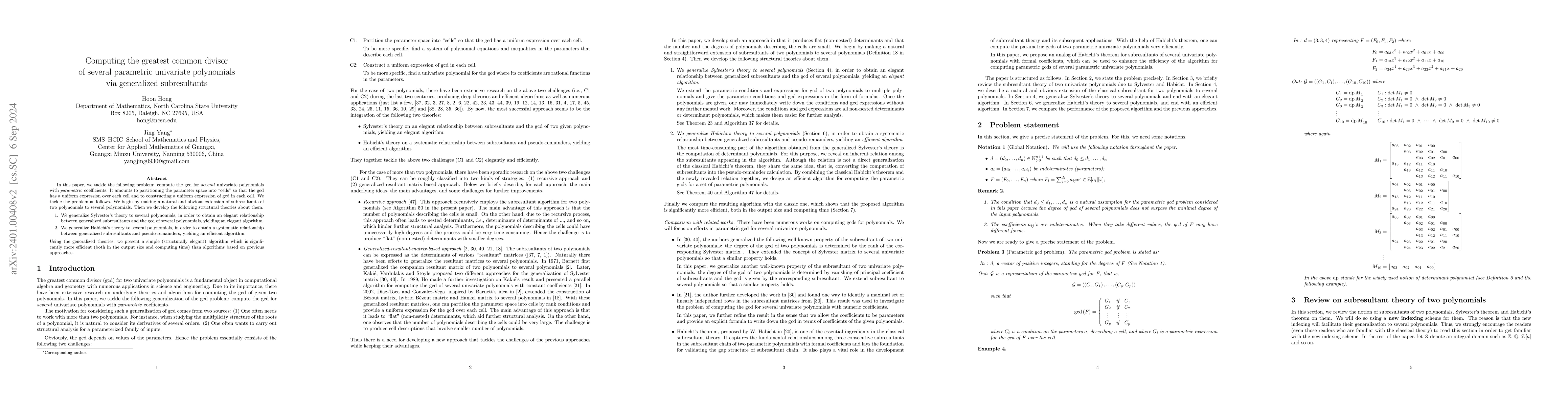 Thumbnail for Computing greatest common divisor of several parametric univariate
  polynomials via generalized subresultant polynomials
