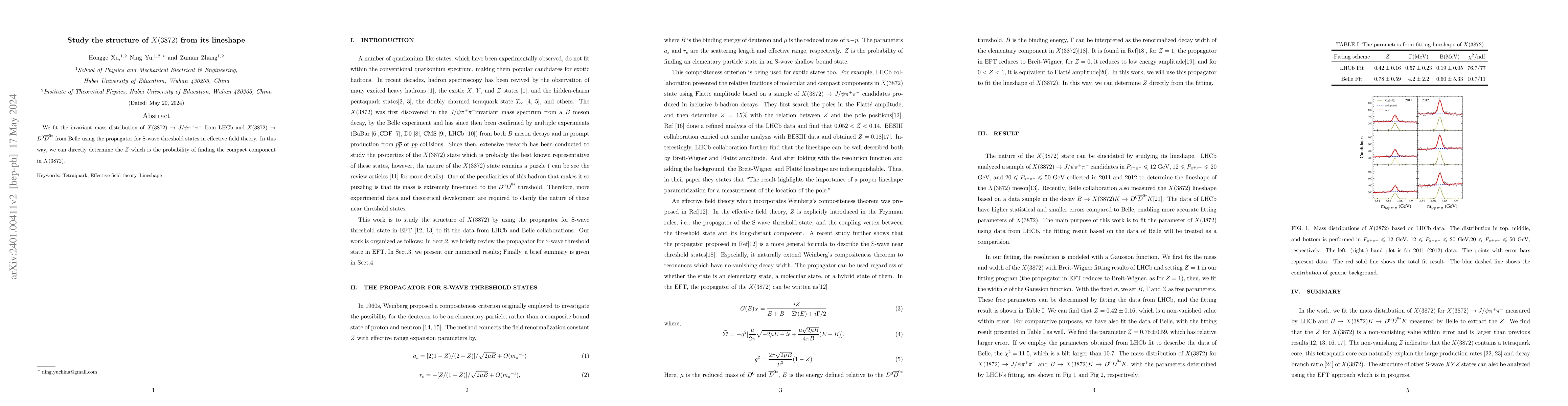 Thumbnail for Study the structure of X(3872) from its lineshape