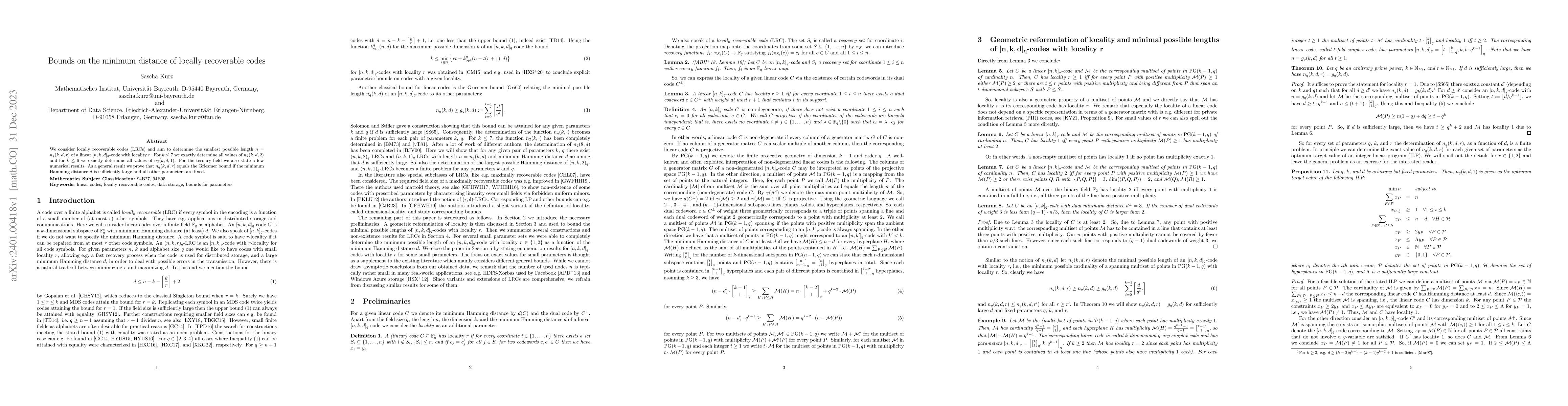 Thumbnail for Bounds on the minimum distance of locally recoverable codes