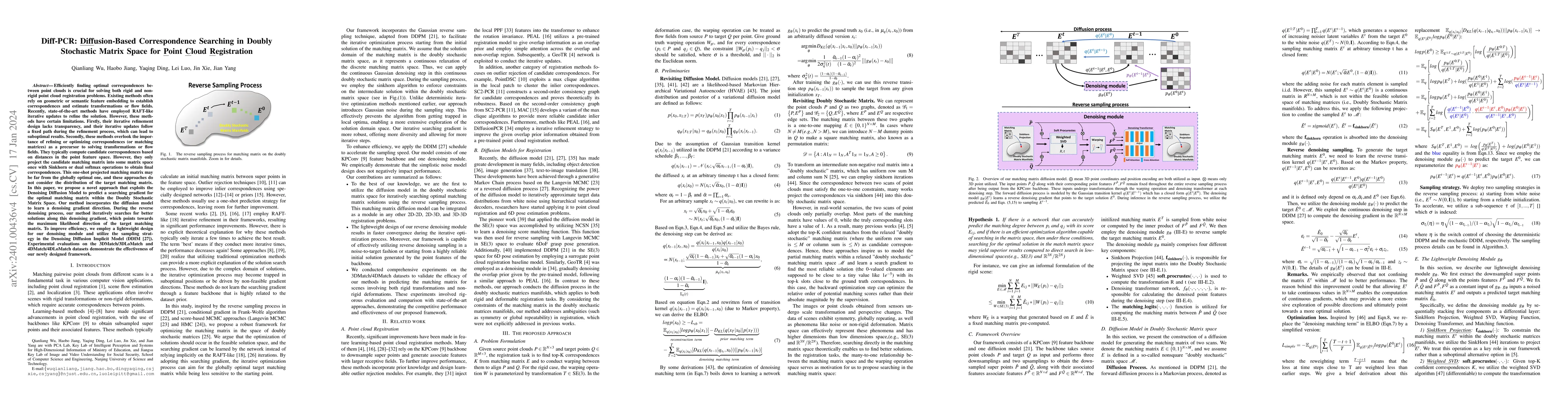 Thumbnail for Diff-PCR: Diffusion-Based Correspondence Searching in Doubly Stochastic
  Matrix Space for Point Cloud Registration
