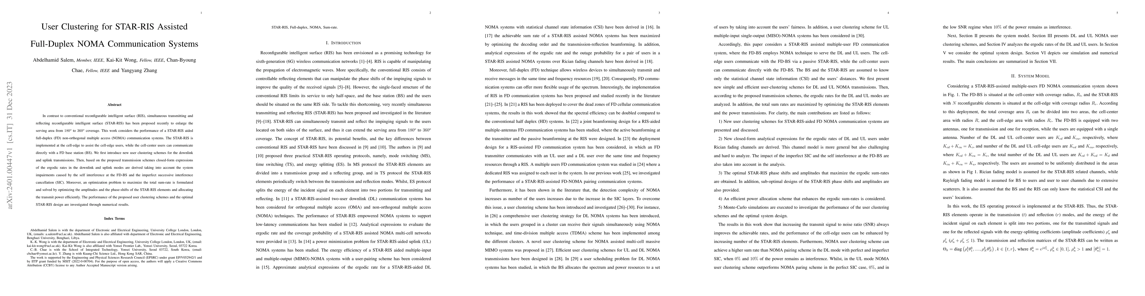 Thumbnail for User Clustering for STAR-RIS Assisted Full-Duplex NOMA Communication
  Systems