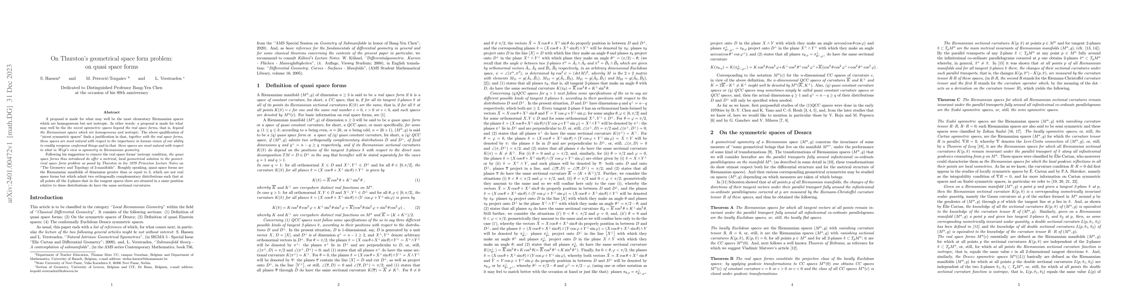 Thumbnail for On Thurston's geometrical space form problem: on quasi space forms