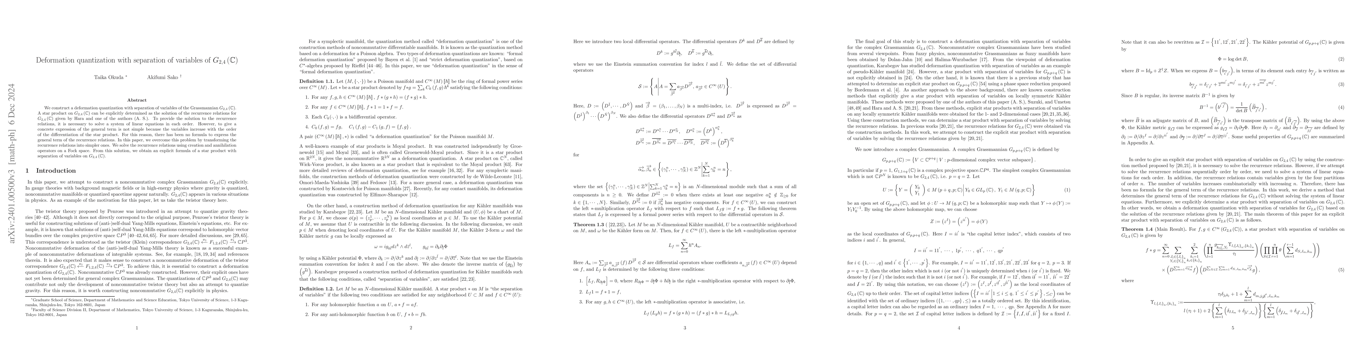 Thumbnail for Deformation quantization with separation of variables of
  $G_{2,4}\left(\mathbb{C}\right)$