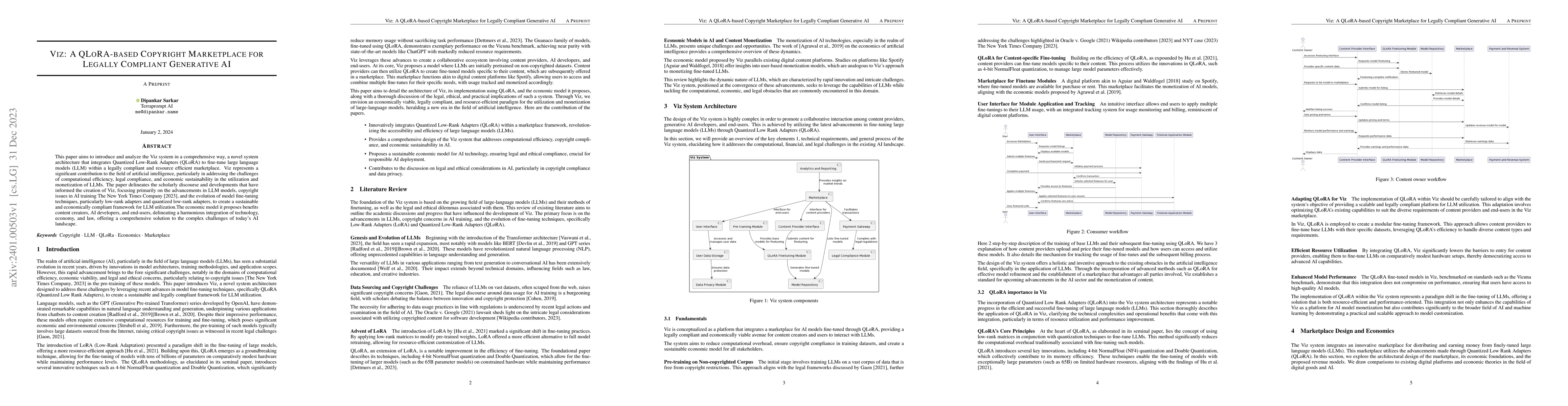 Thumbnail for Viz: A QLoRA-based Copyright Marketplace for Legally Compliant
  Generative AI