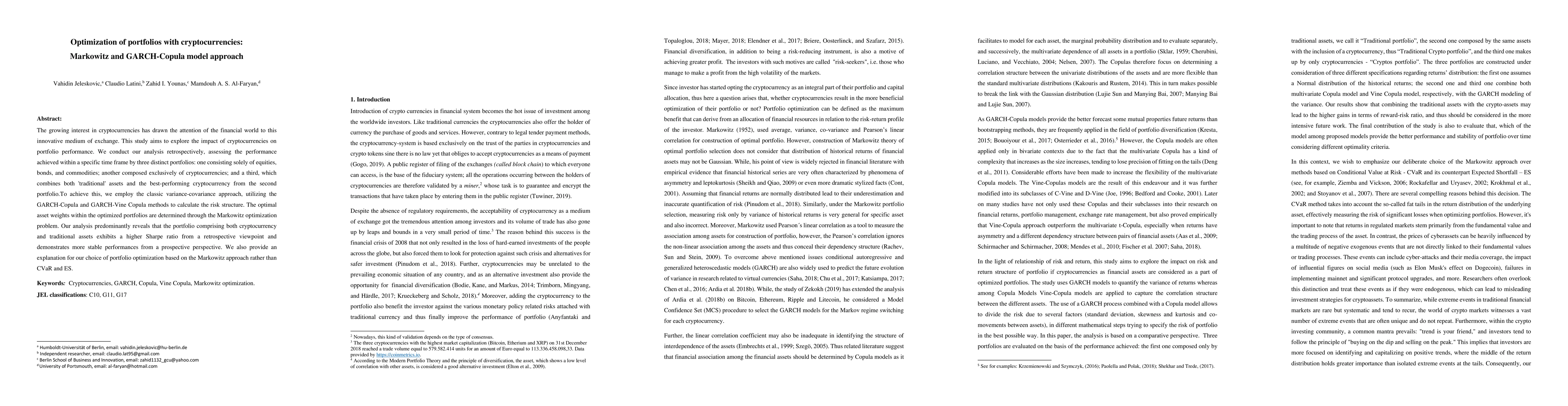Thumbnail for Optimization of portfolios with cryptocurrencies: Markowitz and
  GARCH-Copula model approach
