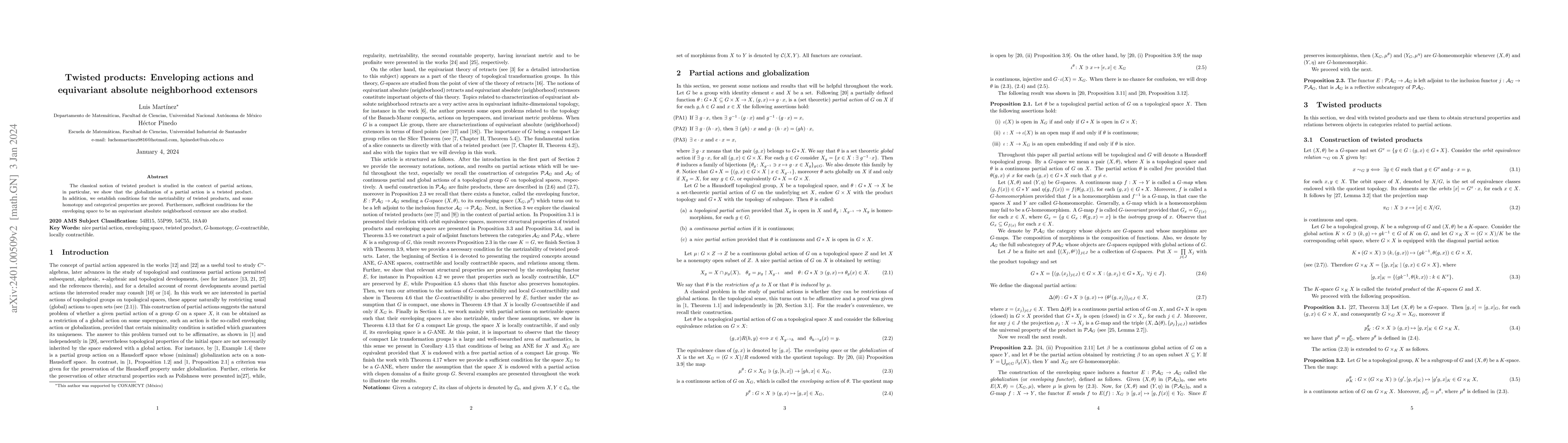 Thumbnail for Twisted products: Enveloping actions and equivariant absolute
  neighborhood extensors