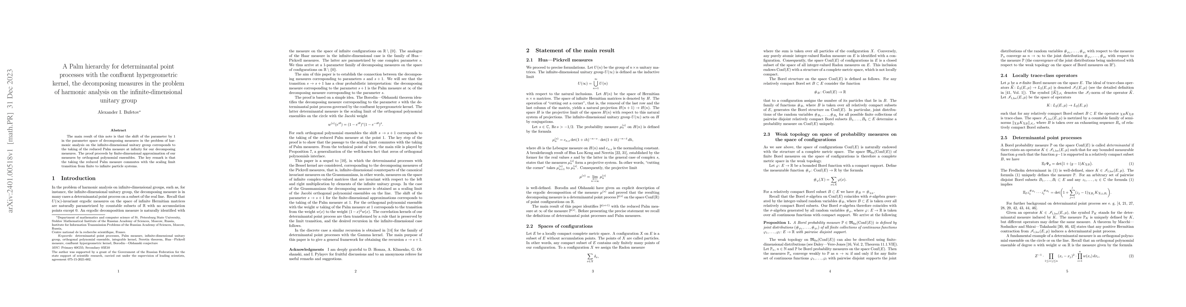 Thumbnail for A Palm hierarchy for determinantal point processes with the confluent
  hypergeometric kernel, the decomposing measures in the problem of harmonic
  analysis on the infinite-dimensional unitary group