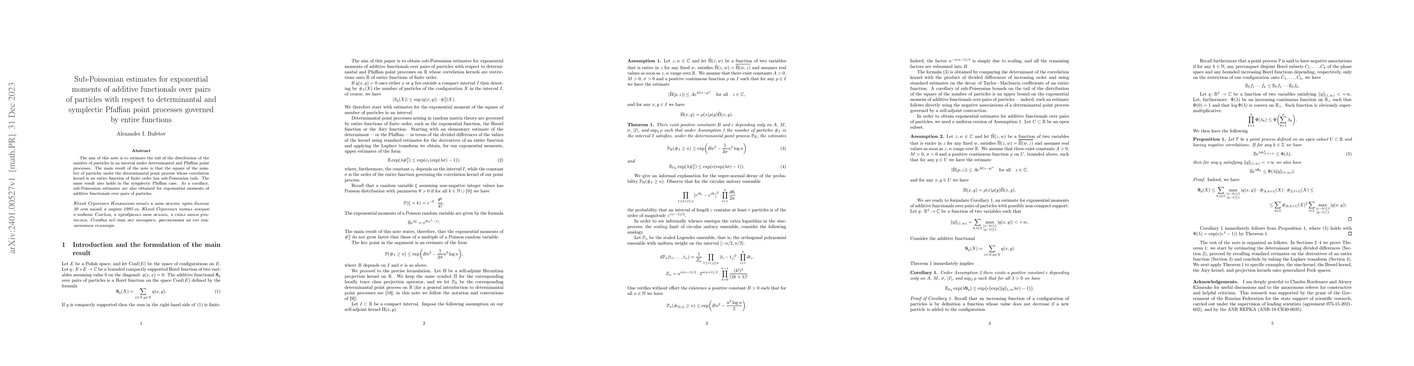 Thumbnail for Sub-Poissonian estimates for exponential moments of additive functionals
  over pairs of particles with respect to determinantal and symplectic Pfaffian
  point processes governed by entire functions