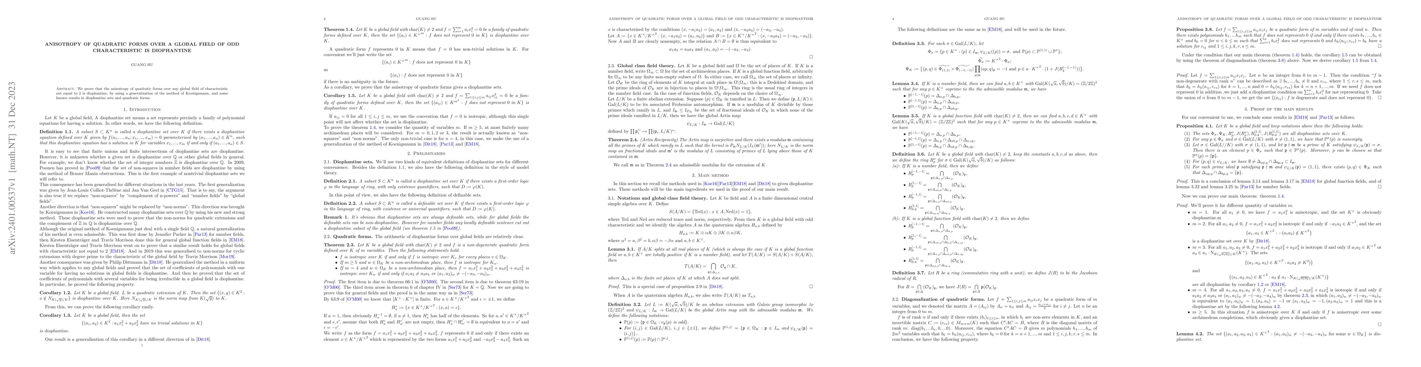 Thumbnail for Anisotropy of quadratic forms over a global field of odd characteristic
  is diophantine