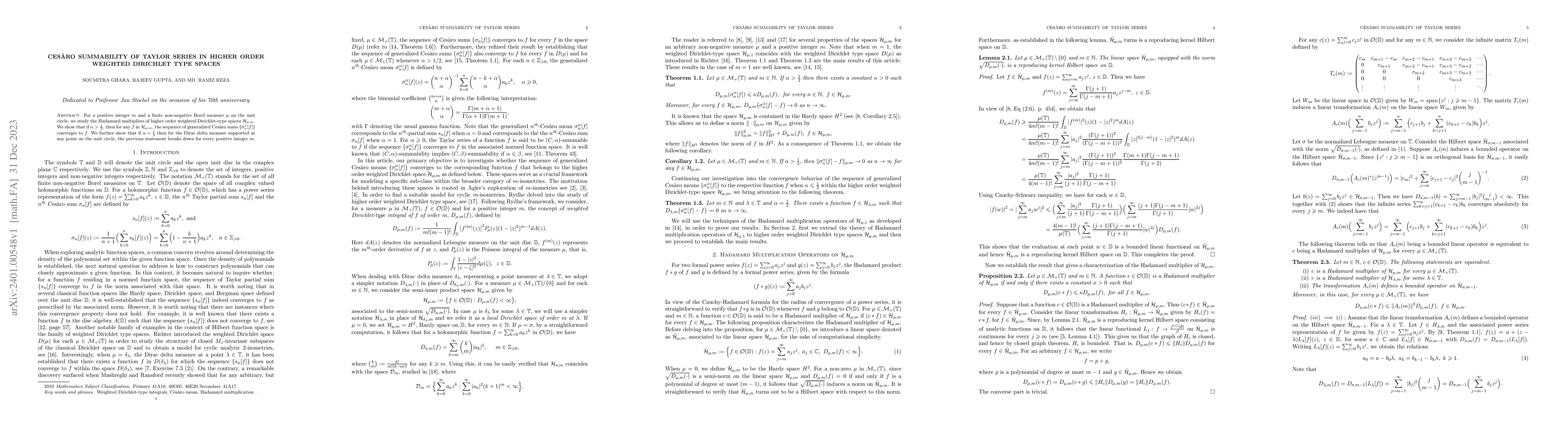 Thumbnail for Ces\`aro summability of Taylor series in higher order weighted Dirichlet
  type spaces
