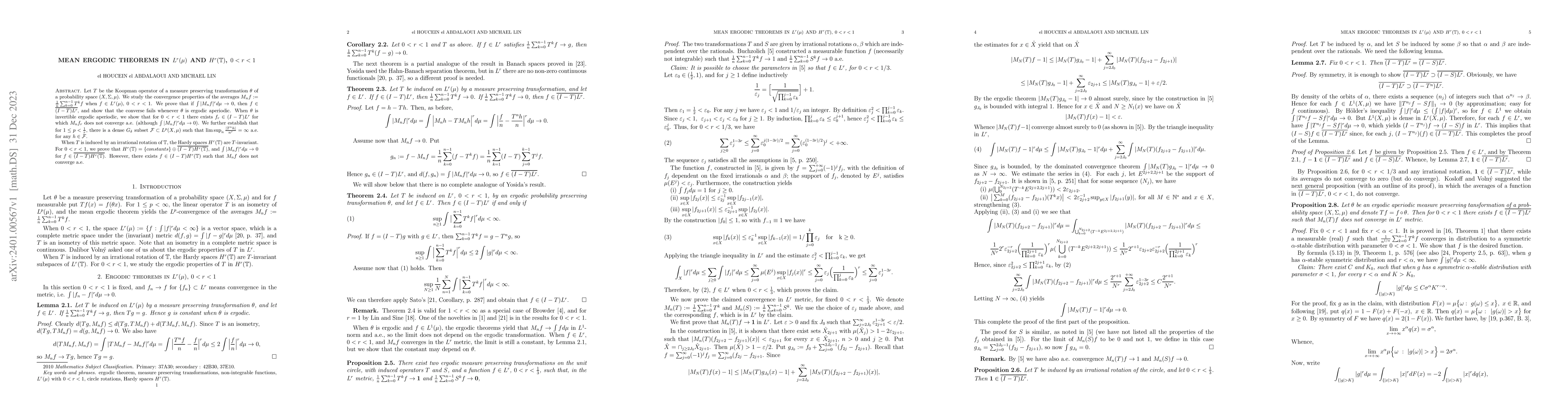 Thumbnail for Mean ergodic theorems in $L^r(\mu)$ and $H^r(\mathbb T)$, $0<r<1$