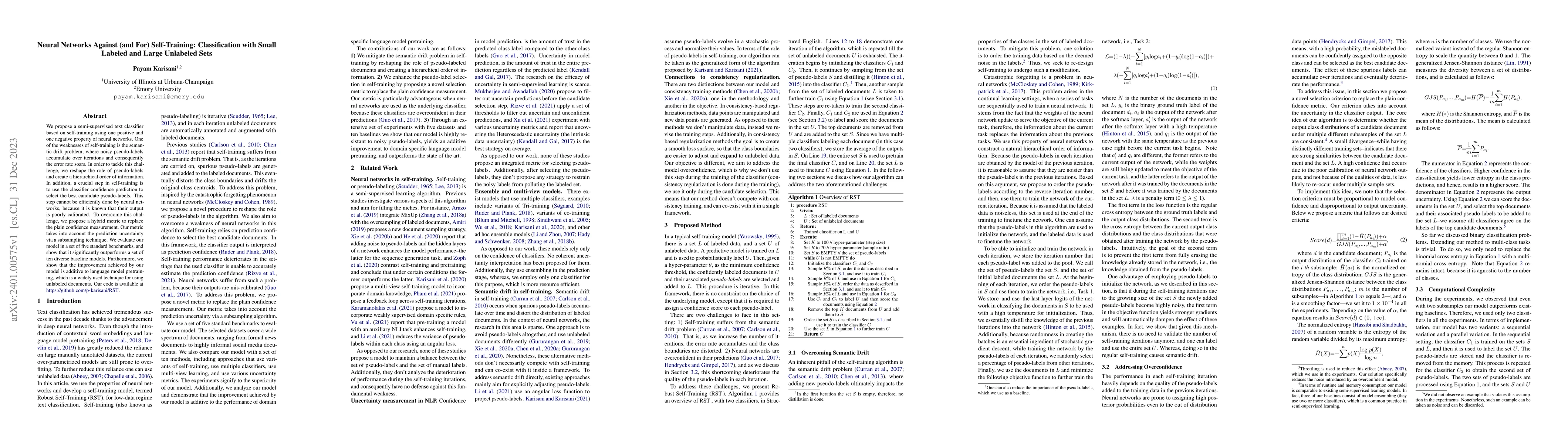 Thumbnail for Neural Networks Against (and For) Self-Training: Classification with
  Small Labeled and Large Unlabeled Sets