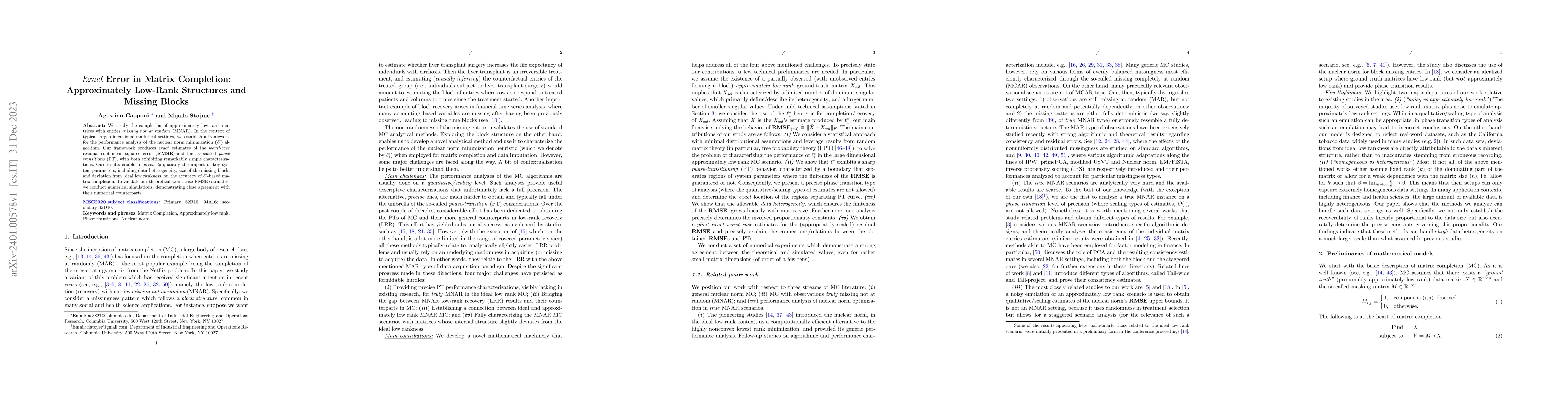 Thumbnail for Exact Error in Matrix Completion: Approximately Low-Rank Structures and
  Missing Blocks