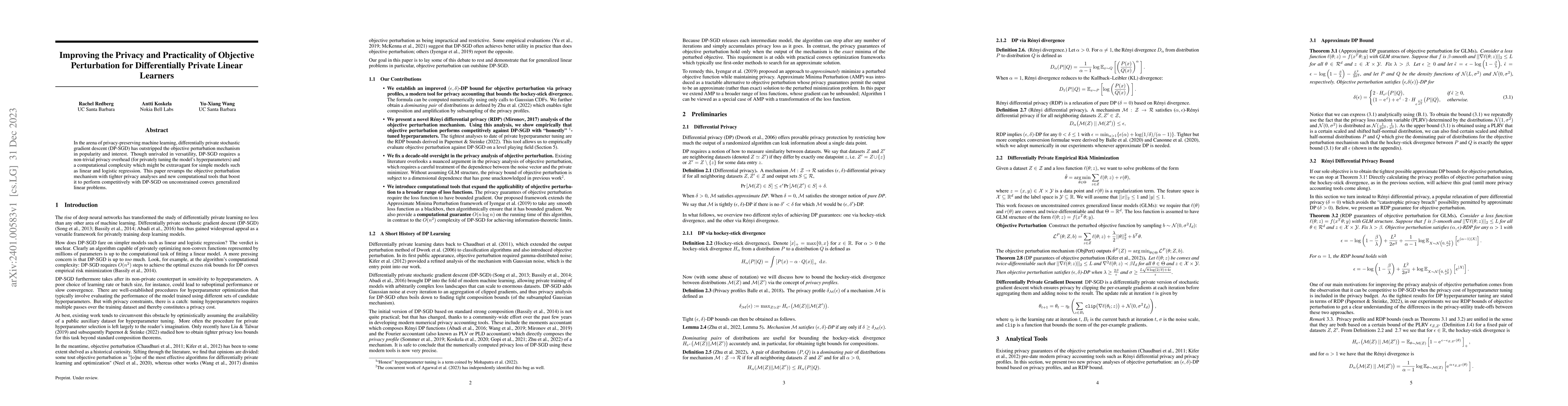 Thumbnail for Improving the Privacy and Practicality of Objective Perturbation for
  Differentially Private Linear Learners