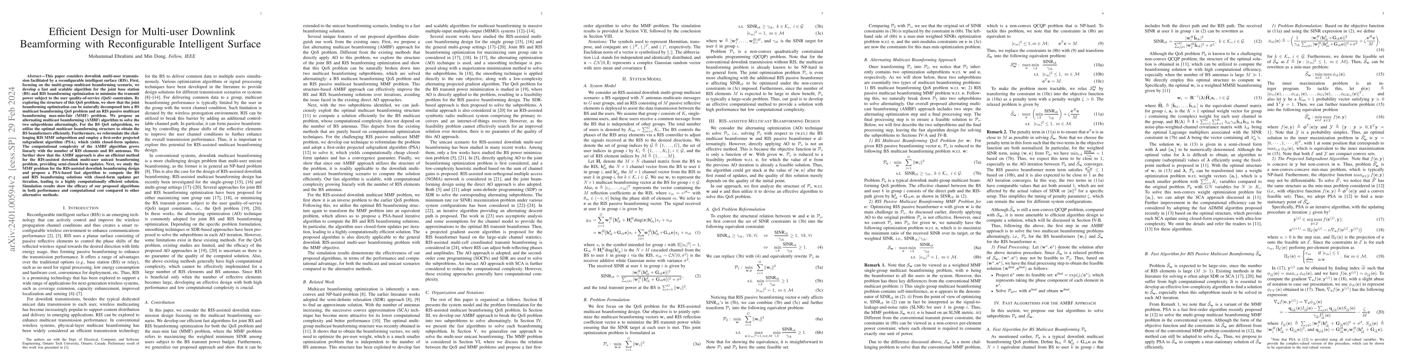 Thumbnail for Efficient Design for Multi-user Downlink Beamforming with Reconfigurable
  Intelligent Surface