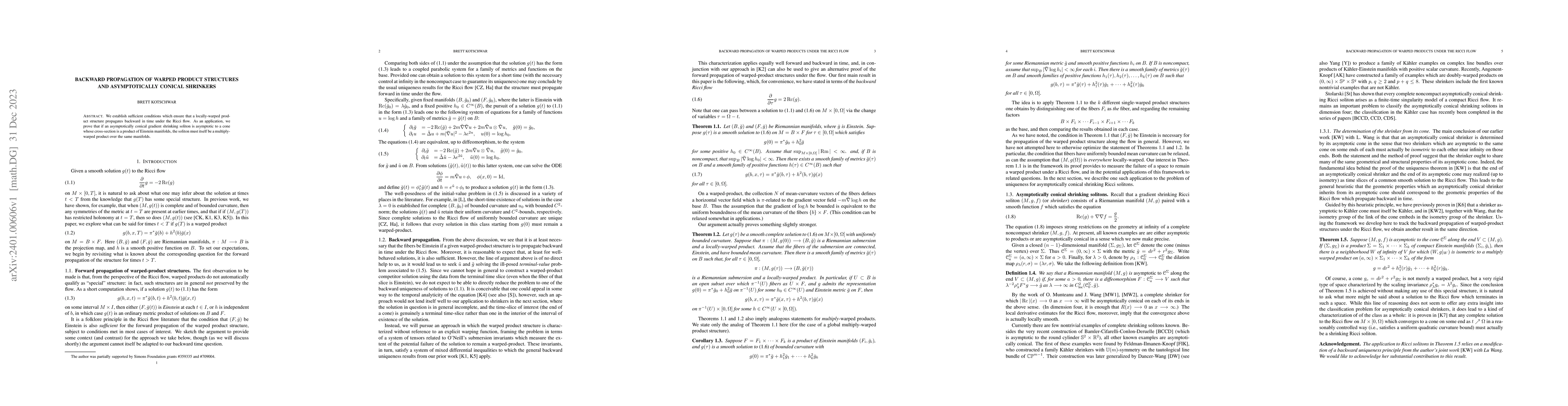Thumbnail for Backward propagation of warped product structures and asymptotically
  conical shrinkers