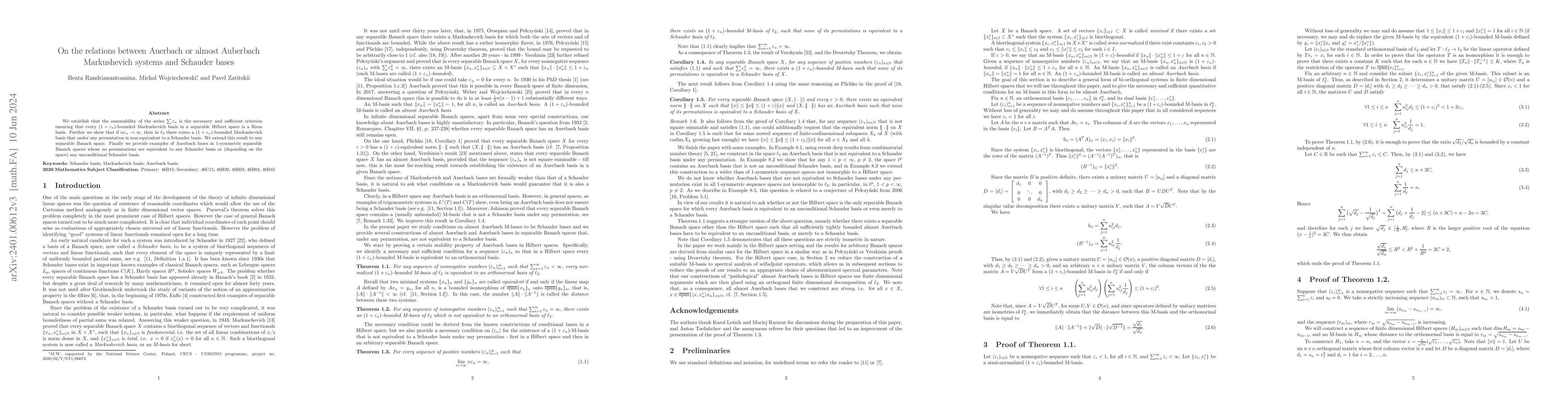 Thumbnail for On the relations between Auerbach or almost Auberbach Markushevich
  systems and Schauder bases
