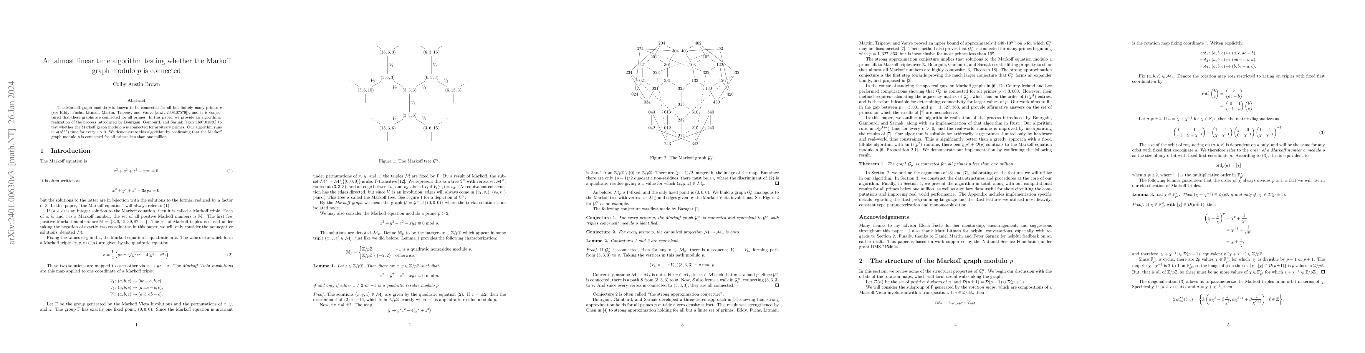 Thumbnail for An almost linear time algorithm testing whether the Markoff graph modulo
  $p$ is connected