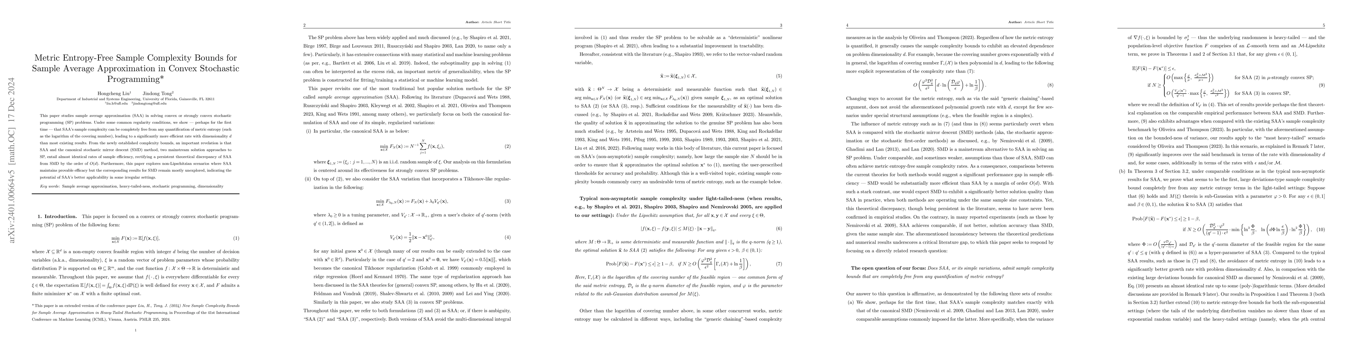 Thumbnail for Metric Entropy-Free Sample Complexity Bounds for Sample Average
  Approximation in Convex Stochastic Programming