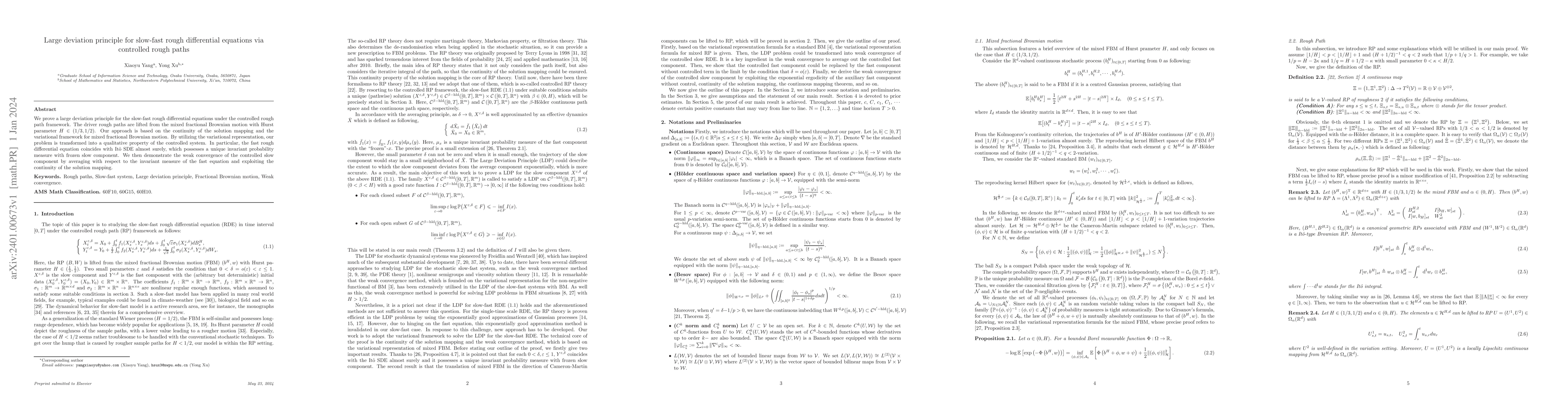 Thumbnail for Large deviation principle for slow-fast rough differential equations via
  controlled rough paths