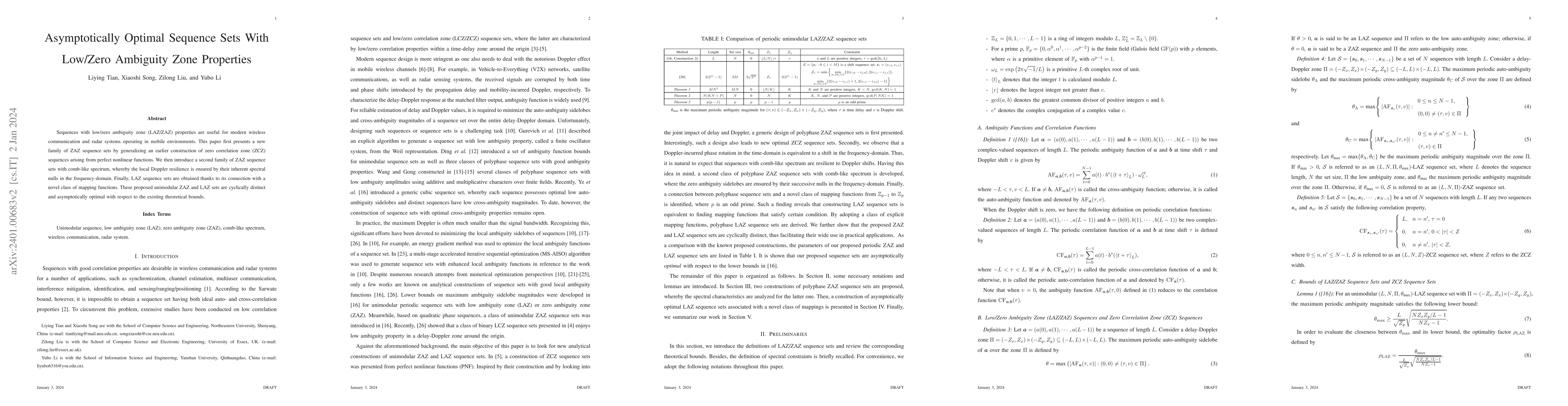 Thumbnail for Asymptotically Optimal Sequence Sets With Low/Zero Ambiguity Zone
  Properties