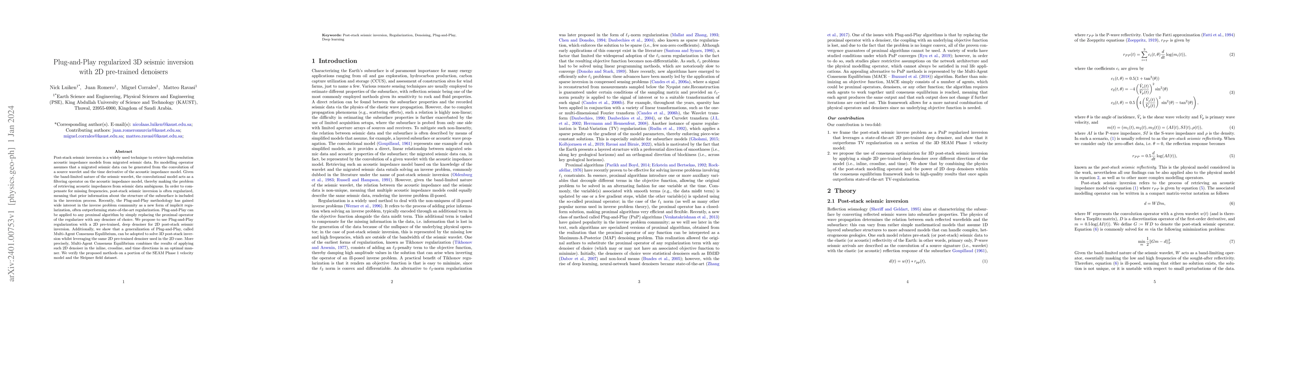 Thumbnail for Plug-and-Play regularized 3D seismic inversion with 2D pre-trained
  denoisers