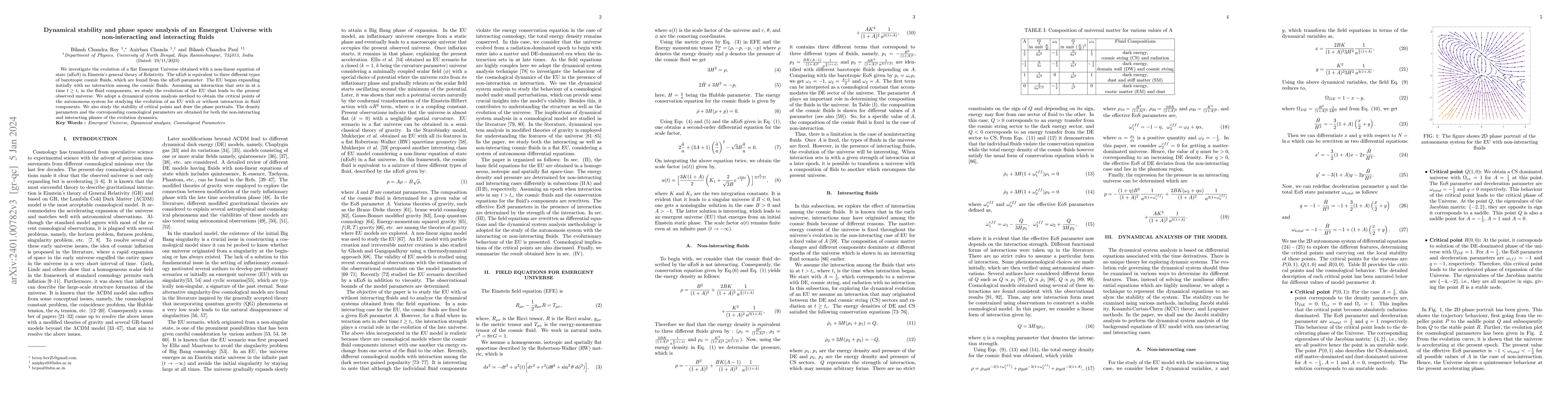 Thumbnail for Dynamical stability and phase space analysis of an Emergent Universe
  with non-interacting and interacting fluids