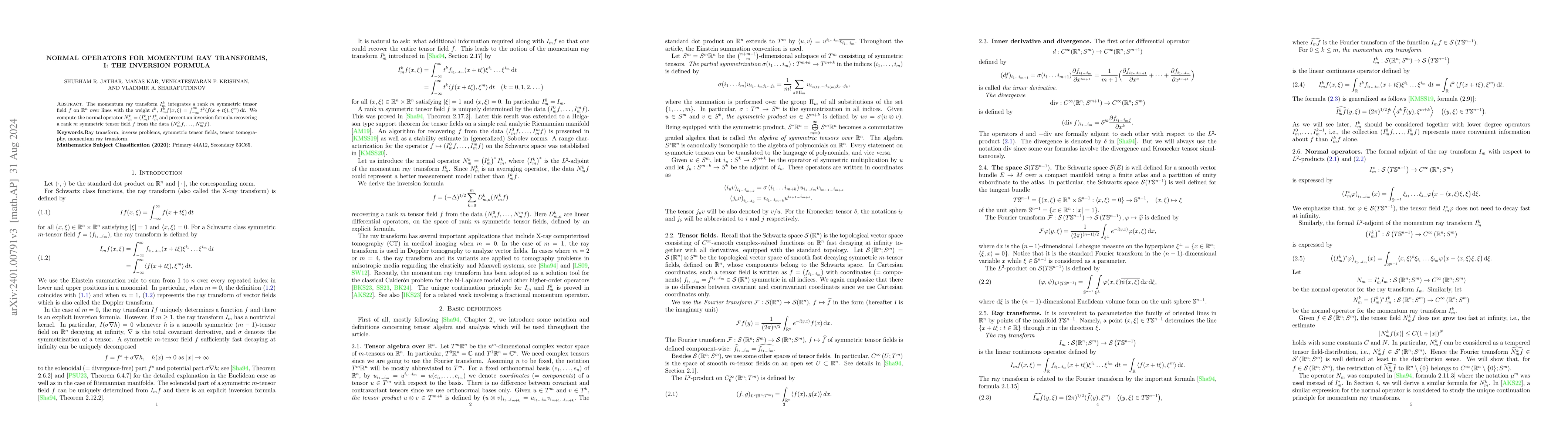 Thumbnail for Normal operators for momentum ray transforms, I: The inversion formula