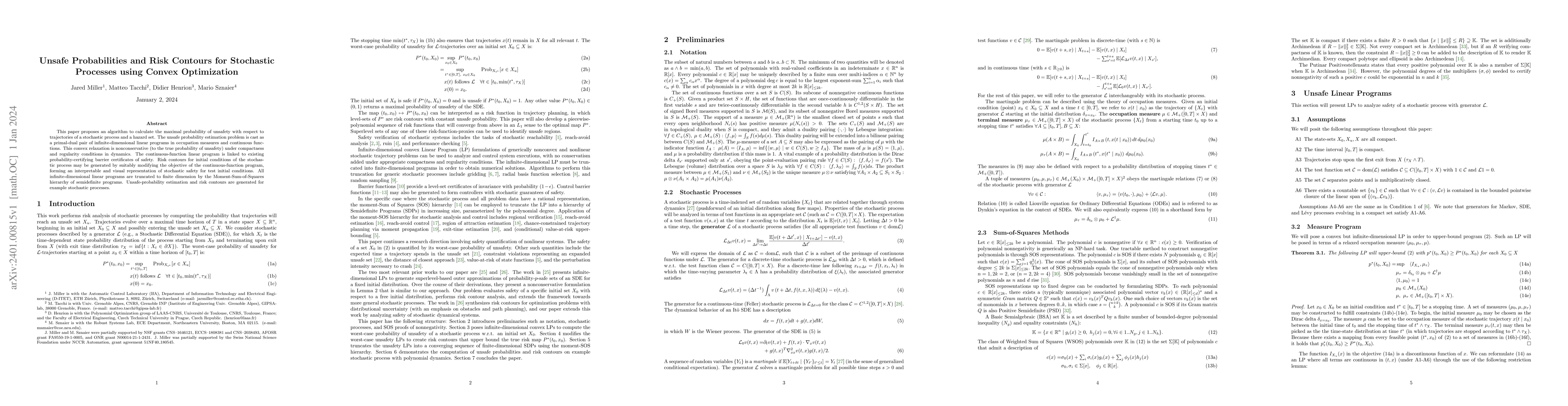 Thumbnail for Unsafe Probabilities and Risk Contours for Stochastic Processes using
  Convex Optimization