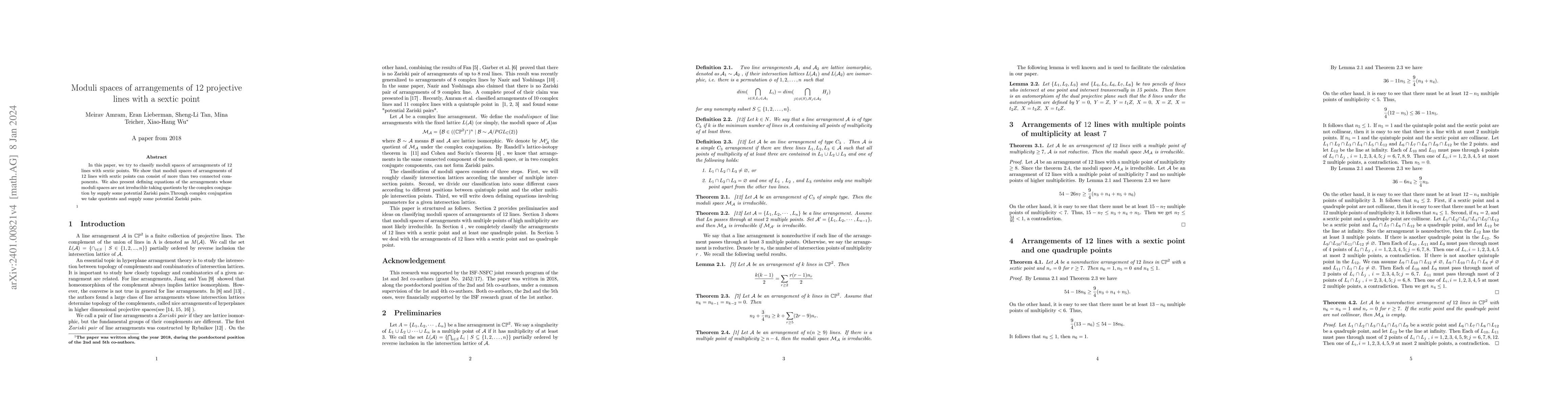 Thumbnail for Moduli spaces of arrangements of 12 projective lines with a sextic point