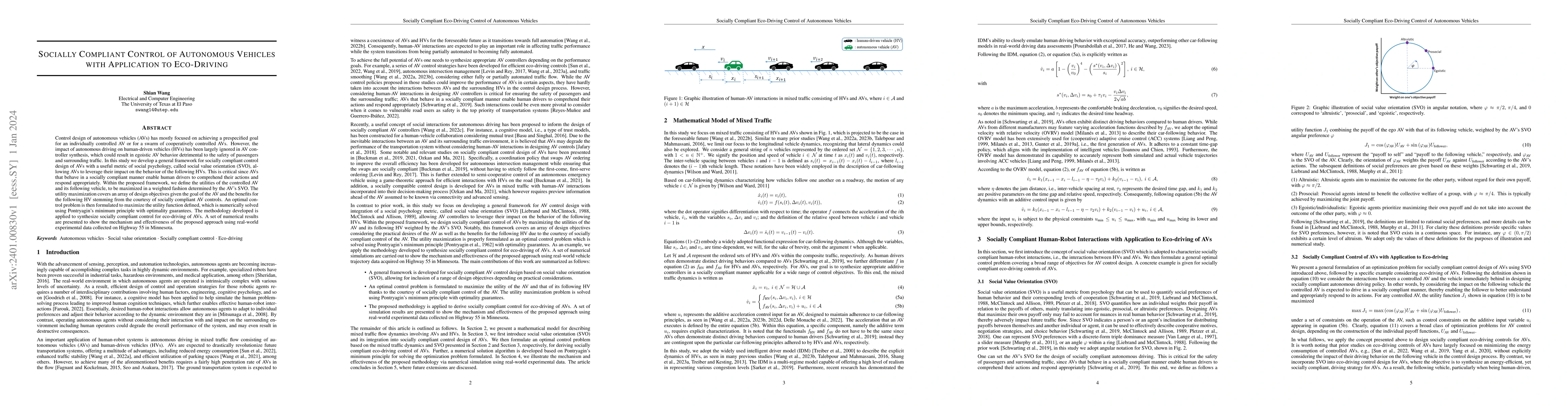 Thumbnail for Socially Compliant Control of Autonomous Vehicles with Application to
  Eco-Driving
