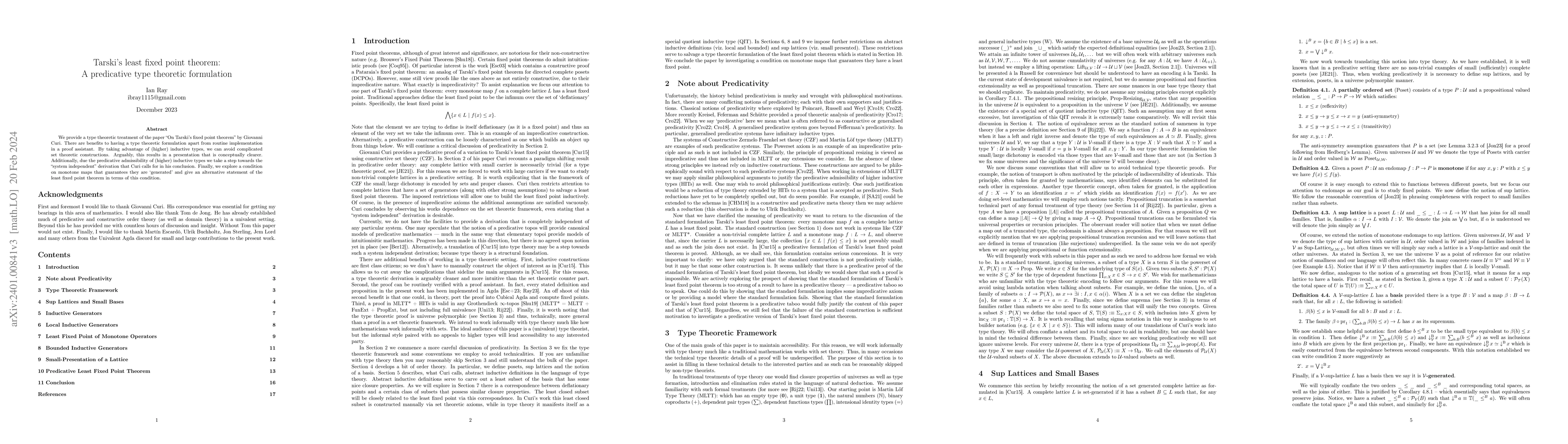 Thumbnail for Tarski's least fixed point theorem: A predicative type theoretic
  formulation